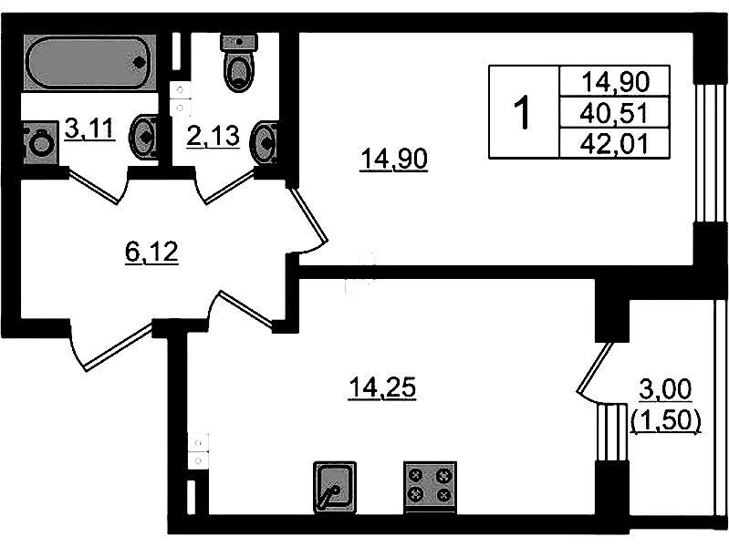 1-комнатная квартира 42.01 м², 3/4 эт., ЖК «Новая история»